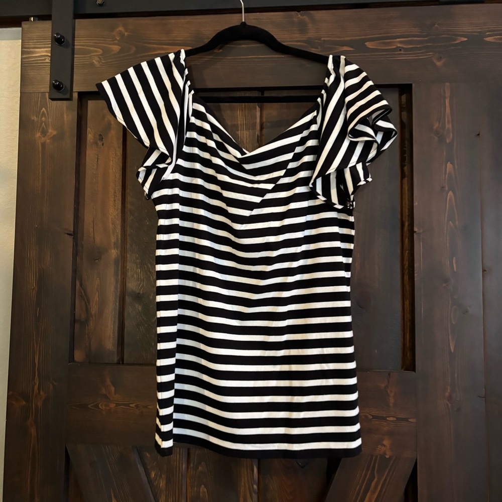 ❗️NWT LAUREN Ralph Lauren Black and White Striped Cotton Blend Blouse Large - Picture 2 of 7